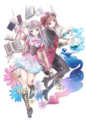 2girls absurdres atelier_(series) atelier_lulua blue_eyes blue_hair blush book boots bow bowtie brown_hair circlet cleavage_cutout clothing_cutout cloud commentary_request dress elmerulia_frixell flask flower full_body gradient_hair green_eyes grey_hair hair_ornament hat heart heart_cutout heart_hair_ornament high_heels highres holding holding_flask holding_staff jacket kishida_mel knee_boots long_hair looking_at_viewer mother_and_daughter multicolored_hair multiple_girls open_clothes open_jacket pantyhose pencil_skirt pink_bow pink_bowtie rorolina_frixell round-bottom_flask skirt sky smile smoke staff star_(sky) starry_sky thigh_strap two-tone_hair
