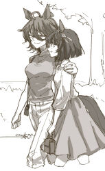 2girls agnes_tachyon_(umamusume) ahoge animal_ears bag bow breasts closed_mouth ear_ribbon greyscale hair_between_eyes hand_on_another&#039;s_shoulder handbag height_difference highres holding holding_bag horse_ears horse_girl horse_tail jewelry large_breasts long_sleeves looking_at_another monochrome multiple_girls necklace nishino_flower_(umamusume) outdoors panties parted_lips pleated_skirt root_12047841 short_hair short_sleeves shoulder_bag skirt small_breasts smile sweater tail tree turtleneck turtleneck_sweater umamusume underwear walking yuri