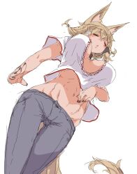 1girl breasts character_request closed_eyes copyright_request highres hourai_kochou large_breasts navel pants toned