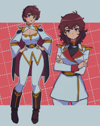 1girl amuro_ray belt blue_eyes breasts brown_hair cape char&#039;s_counterattack commentary_request crossed_arms dress genderswap genderswap_(mtf) gundam highres jacket long_hair long_sleeves looking_at_viewer military military_uniform neo_zeon open_mouth retro_artstyle shirt short_hair skirt yy0880yy