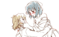 10s 2girls bad_id bad_pixiv_id black_hair blush bra breasts cleavage couple hair_ornament hair_ribbon kohinata_miku light_brown_hair multiple_girls partially_colored ribbon senki_zesshou_symphogear shirt_slip sweat tachibana_hibiki_(symphogear) tsuta_no_ha underwear yuri