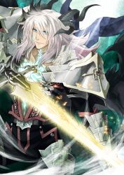Rule 34 | 1boy, armor, balmung (fate), belt, belt buckle, black pants, black shirt, blue eyes, brown belt, buckle, buttons, chest tattoo, closed mouth, collarbone, cowboy shot, dragon boy, dragon horns, dragon wings, fate/grand order, fate (series), gauntlets, glowing, glowing sword, glowing tattoo, glowing weapon, grey hair, hair between eyes, holding, holding sword, holding weapon, horns, konoe ototsugu, leg armor, long hair, long sleeves, looking at viewer, male focus, official art, open clothes, open shirt, pants, pectorals, shirt, shoulder armor, siegfried (fate), smile, solo, sword, tattoo, third-party source, weapon, wind, wings