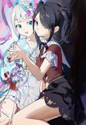 2girls ame-chan_(needy_girl_overdose) black_hair black_nails black_ribbon black_skirt blonde_hair blue_bow blue_eyes blue_hair blue_shirt blue_skirt bow chouzetsusaikawa_tenshi-chan closed_mouth collar collared_shirt crack cracked_glass hair_bow hair_ornament hair_over_one_eye hair_tie hairclip highres jirai_kei long_hair long_sleeves looking_at_another looking_at_viewer medium_hair multicolored_hair multicolored_nails multiple_girls nail_polish neck_ribbon needy_girl_overdose open_mouth pink_bow pink_hair pleated_skirt purple_bow quad_tails red_nails red_shirt ribbon sailor_collar school_uniform serafuku shirt shirt_tucked_in sitting skirt smile suspender_skirt suspenders twintails very_long_hair white_collar x_hair_ornament yellow_bow yuyin_(uzrv7533)