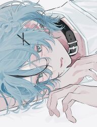 Rule 34 | 1boy, bishounen, black collar, black hair, blue eyes, blue hair, collar, ear piercing, earrings, hair ornament, hairclip, highres, jewelry, looking at viewer, lying, male focus, mole, mole under eye, multicolored hair, on side, open mouth, original, piercing, shirt, short hair, simple background, solo, tofu momen5, white background, white shirt, x hair ornament