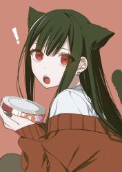 ! 1girl absurdres animal_ears black_hair black_nails black_tail can cardigan cat_ears cat_girl cat_tail chihara_mai commentary earrings highres holding holding_can jewelry jirai_nan_desu_ka?_chihara-san kemonomimi_mode long_hair long_sleeves looking_at_viewer open_mouth pet_food red_background red_cardigan red_eyes ryon_(ryonhei) shirt sidelocks simple_background solo symbol-only_commentary tail teeth upper_teeth_only white_shirt