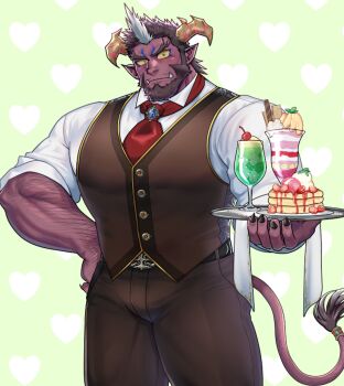 Rule 34 | 1boy, another eidos-r, arm hair, bara, beard, belt, belt buckle, brooch, brown pants, buckle, butler, commentary request, copyright request, crepe, demon boy, demon tail, facial hair, food, fruit, green background, green eyes, highres, horns, ice cream, jewelry, napkin, necktie, pancake, pants, pointy ears, red necktie, shirt, stalon (another eidos), strawberry, tail, teeth, upper teeth only, white shirt, yakisoba ohmori