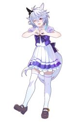 animal_ears blue_hair bow braid cosplay crossdressing dress ear_ornament ear_ribbon grey_hair highres holostars holostars_english horse_boy horse_ears horse_girl horse_tail kemonomimi_mode male_focus multiple_braids octavio pink_eyes purple_dress school_uniform simple_background tail tracen_school_uniform trap umamusume virtual_youtuber