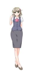 Rule 34 | 1girl, breasts, complets, dress shirt, ekuzu makina, green eyes, high heels, lowres, medium breasts, mole, mole under mouth, shirt, short hair, short sleeves, skirt, the guts! -maximum maternity-, vest