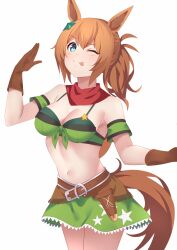 1girl animal_ears aqua_eyes arm_strap armpits bandana bare_shoulders blush breasts brown_gloves brown_hair cleavage commentary_request cow cowboy_hat cowboy_shot gloves gradient_background green_skirt hair_ornament hat highres holster horse_ears horse_girl horse_tail large_breasts linea_alba looking_at_viewer medium_hair midriff miya_star_saa navel one_eye_closed ponytail red_bandana skirt smile taiki_shuttle_(umamusume) tail two-tone_background umamusume weapon white_background
