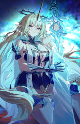 1girl absurdres bare_shoulders black_dress blonde_hair blue_eyes blue_hair breasts center_opening chinese_commentary closed_mouth colored_inner_hair commentary_request cowboy_shot crown_of_thorns dress fleurdelys_(wuthering_waves) highres holding holding_sword holding_weapon horns large_breasts long_hair looking_at_viewer multicolored_hair no_pussy pointy_ears revision single_horn solo sword tacet_mark_(wuthering_waves) very_long_hair weapon wuthering_waves wuzhihuijia yellow_horns