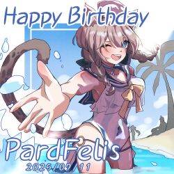 Rule 34 | 1boy, 2girls, ;o, absurdres, animal ears, beach, blue eyes, blue sky, breasts, brown hair, cat ears, cat girl, cat tail, covered navel, dated, h3 hk, happy birthday, highres, honkai (series), honkai impact 3rd, medium breasts, multiple girls, one-piece swimsuit, one eye closed, outdoors, palm tree, pardofelis, pardofelis (summer 2024), reaching, reaching towards viewer, short hair with long locks, sky, standing, standing on liquid, striped clothes, striped one-piece swimsuit, su (honkai impact), swimsuit, tail, thighs, tree