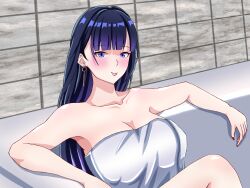 Rule 34 | 1girl, bathroom, bathtub, breasts, cleavage, closed mouth, collarbone, commentary request, earrings, empty bathtub, highres, honkai (series), honkai impact 3rd, jewelry, large breasts, large variant set, long hair, mordrex art, naked towel, purple eyes, purple hair, raiden mei, raiden mei (apho), solo, towel, variant set, very long hair
