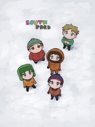 Rule 34 | 5boys, beanie, black hair, black pants, blonde hair, blue eyes, blue headwear, blue jacket, blue pants, brown hair, butters stotch, copyright name, eric cartman, full body, gloves, green gloves, green headwear, hat, highres, hood, hood up, jacket, kenny mccormick, kyle broflovski, long sleeves, looking at viewer, male focus, multiple boys, omochisan216, orange jacket, orange pants, pants, red gloves, red hair, red jacket, short hair, south park, stan marsh, standing, white background, yellow gloves