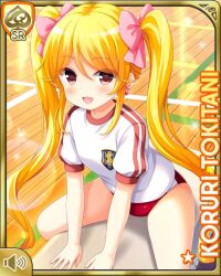 1girl :d blonde_hair bow buruma card_(medium) day earrings flower girlfriend_(kari) hair_bow indoors jewelry long_hair looking_at_viewer looking_back official_art open_mouth pink_flower pink_rose qp:flapper red_buruma ribbon rose school_uniform shirt sitting smile tokitani_koruri twintails white_legwear white_shirt