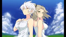 2girls absurdres back-to-back blue_sky breasts brown_eyes brown_hair cloud dress game_cg grass hair_tie highres imu_(senran_kagura) large_breasts medium_hair miyabi_(senran_kagura) multiple_girls non-web_source official_art outdoors parted_bangs pillarboxed senran_kagura senran_kagura_burst senran_kagura_burst_re:newal short_hair sky slit_pupils smile white_dress white_hair wind yaegashi_nan yellow_eyes
