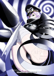 Rule 34 | 1girl, arrow (symbol), ass, black boots, black cape, black hat, blonde hair, blue eyes, boots, breasts, cape, devil fruit, devil fruit power, eyewear on headwear, gunko, hat, heterochromia, high heel boots, high heels, knee boots, leotard, looking at viewer, mask, mouth mask, nel-zel formula, one piece, outstretched arm, peaked cap, shiny skin, simple background, solo, sunglasses, wide hips