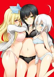 3girls absurdres ahoge black_hair black_panties blonde_hair blue_eyes blush bra breasts cleavage emily_(pure_dream) highres large_breasts long_hair medium_breasts multiple_girls navel open_clothes panties red_eyes renai_kinshi_gakuen shirt short_hair smile uemura_erika underwear underwear_only yellow_eyes yuri