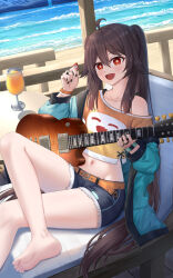 Rule 34 | 1girl, :d, absurdres, bare legs, barefoot, beach, belt, black nails, blue jacket, boo tao (genshin impact), bra strap, brown hair, crop top, cupping glass, cutoffs, genshin impact, guitar, highres, holding, holding instrument, holding plectrum, hu tao (genshin impact), instrument, jacket, long hair, long sleeves, midriff, nail polish, navel, no headwear, ocean, open mouth, orange belt, orange shirt, plectrum, red eyes, shirt, short shorts, shorts, sitting, skym (kumei), smile, solo, stomach, thighs, twintails, very long hair, water