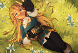 1girl arm_up black_gloves black_pants blonde_hair blue_eyes blue_shirt blush boots braid brown_boots commentary crown_braid fingerless_gloves flower forehead gloves gold_trim grass highres long_hair lying nintendo on_back on_grass outdoors outstretched_arm pants parted_lips pointy_ears princess_zelda sheikah_slate shirt silent_princess solo syertse teeth the_legend_of_zelda the_legend_of_zelda:_breath_of_the_wild white_flower