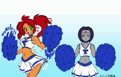 2girls alternate_hairstyle animated animated_gif bored breasts cheerleader colored_sclera colored_skin crop_top dc_comics excited expressionless forehead_jewel green_eyes green_sclera grey_skin looking_at_viewer miniskirt motion_lines multiple_girls navel orange_skin pom_pom_(cheerleading) purple_hair raven_(dc) rcasedrawsstuff red_hair short_hair skirt sleeveless smile speed_lines starfire stomach teen_titans twintails