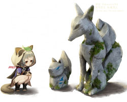 Rule 34 | 1girl, animal ears, blunt bangs, feet, fox statue, full body, genshin impact, grey hair, highres, hood, inari, leaf, ojo aa, raccoon ears, raccoon tail, sayu (genshin impact), simple background, solo, squatting, statue, tail, toeless legwear, toes, white background