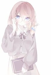 Rule 34 | 1girl, adjusting eyewear, artist logo, blonde hair, blue eyes, book, cardigan, glasses, grey cardigan, hair bobbles, hair ornament, hairclip, hashtag-only commentary, highres, holding, holding book, logo, looking at viewer, original, r no10126, round eyewear, simple background, skirt, solo, white background
