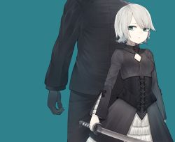 1boy 1girl aqua_background back-to-back bad_id bad_twitter_id black_bow black_corset black_dress black_gloves bow cleavage_cutout closed_mouth clothing_cutout commission corset dress formal_clothes frills gloves green_eyes highres holding holding_sword holding_weapon katana original out_of_frame riuichi simple_background size_difference skeb_commission suit sword turtleneck weapon white_hair
