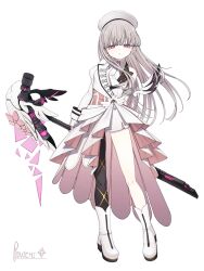 1girl announcement_celebration arisaka_aruka dress full_body highres holding holding_behind_back holding_weapon jacket leaning_to_the_side looking_at_viewer looking_down necktie official_art purple_eyes riuichi second-party_source signature simple_background staff varlet weapon white_background white_hair