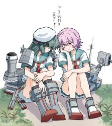 2girls blue_eyes blue_hair blue_sailor_collar boots closed_mouth commentary_request eyepatch grass hair_between_eyes hat highres kantai_collection kiso_(kancolle) long_hair multiple_girls narukan neckerchief personification pink_hair red_eyes red_neckerchief rigging sailor_collar school_uniform serafuku short_hair short_sleeves shorts simple_background sitting tama_(kancolle) translation_request twitter_username white_hat white_shorts