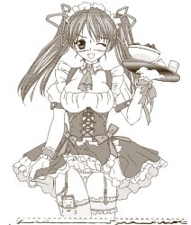 00s 1girl blush breasts cleavage cowboy_shot facing_viewer female_focus garter_straps greyscale holding holding_tray looking_at_viewer medium_breasts monochrome muteki_kanban_musume one_eye_closed onimaru_miki panties panty_peek short_sleeves simple_background smile solo standing sweatdrop tray twintails underwear waitress waitress_uniform white_background wink
