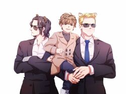 3boys aged_down alternate_universe animal_ears animification avengers_(series) bear_ears black-framed_eyewear black_hair black_jacket black_sweater blonde_hair blue_eyes blue_necktie blue_pants boots brown_coat brown_eyes brown_hair buttons carrying carrying_person child chinese_commentary closed_mouth coat collared_shirt commentary_request crossed_arms denim formal_clothes hair_between_eyes highres jacket bucky_barnes kemonomimi_mode lapels long_sleeves looking_at_viewer looking_to_the_side male_focus marvel multiple_boys necktie open_mouth pants prosthesis prosthetic_arm shirt short_hair simple_background smile standing steve_rogers suit sunglasses sweater teeth tiger_ears tony_stark turtleneck turtleneck_sweater v-shaped_eyebrows white_background white_footwear white_shirt wodeyongheng