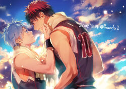 2boys arm_up armband bare_shoulders basketball_jersey basketball_uniform blue_eyes blue_hair cloud cloudy_sky dated eye_contact hand_on_another&#039;s_face kagami_taiga kuroko_no_basuke kuroko_tetsuya looking_at_another male_focus multiple_boys parted_lips red_eyes red_hair seirin_high_basketball_uniform sky smile sportswear torisu towel towel_around_neck tumblr_username upper_body yaoi