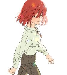 1boy androgynous blunt_bangs blunt_ends bob_cut brown_pants commentary cowboy_shot floating_hair highres jewelry light_smile looking_to_the_side looking_up male_focus necklace orange_hair original pants pg_pargon red_hair shirt short_hair solo white_background white_shirt