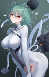 Rule 34 | 1girl, absurdres, admiral nakhimov (azur lane), animal ears, azur lane, blush, bodysuit, breasts, cat ears, cat tail, commentary, covered navel, crotchless, crotchless bodysuit, fake animal ears, gradient background, green hair, hair between eyes, hands on lap, highres, impossible bodysuit, impossible clothes, large breasts, leaning forward, looking at viewer, mechanical ears, mechanical tail, parted lips, pigu 56100, short hair, simple background, solo, tail, turtleneck, turtleneck bodysuit, white bodysuit, yellow eyes