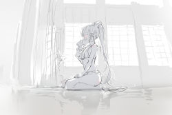 1girl anmi ayaka_(genshin_impact) bra fan genshin_impact highres kneeling long_hair solo underwear very_long_hair