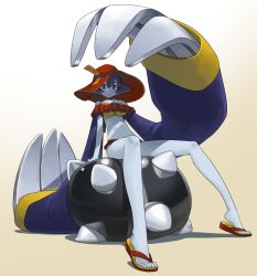 1girl arm_support ball bikini blue_skin breasts capcom claws cleavage_cutout clothing_cutout colored_skin darkstalkers feet female_focus flip-flops flipped_hair gradient_background highres hirai_yukio hsien-ko jiangshi multicolored_bikini navel ofuda purple_eyes sandals short_hair simple_background solo swimsuit toenails toes very_long_sleeves white_background zombie