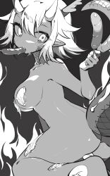 1girl a_sa_gohan absurdres antlers ass breasts commentary completely_nude dragon_horns dragon_tail eating fire food food_in_mouth from_side grey_background greyscale highres horns ishuzoku_reviewers kneeling monochrome monster_girl nude pointy_ears sausage scales shiny_skin sideboob solo sweat tail