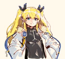 Rule 34 | 1girl, bandaid, bandaid on cheek, bandaid on face, black bodysuit, blonde hair, blue eyes, bodysuit, coat, fang, fur collar, goddess of victory: nikke, headgear, highres, laplace (nikke), long hair, mar10, sidelocks, simple background, sketch, skin fang, smile, solo, twintails, twitter username, upper body, white coat