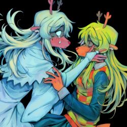 2girls animal_ears antlers black_background blank_eyes blonde_hair capelet crying crying_with_eyes_open deer_antlers deer_ears deer_girl deltarune dual_persona eye_contact from_side furry furry_female goomyloid green_eyes hands_on_another&#039;s_cheeks hands_on_another&#039;s_face highres horns long_hair looking_at_another multiple_girls noelle_holiday profile robe simple_background snout sweater_vest tears upper_body white_capelet white_robe wide-eyed