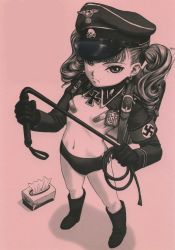1girl armband backpack bag bandaid bandaids_on_nipples boots buruma cross drill_hair earrings female_focus gloves hat highres holding holding_whip iron_cross jewelry loli mole mole_above_mouth monochrome nazi neo_black pasties peaked_cap randoseru ruler scan shena_apfel solo standing swastika tagme tissue_box twintails whip