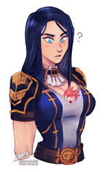 2girls ? arcane:_league_of_legends arcane_caitlyn arcane_vi artist_name ascot blue_eyes blue_hair breast_pocket breasts caitlyn_(league_of_legends) cleavage cropped_arms cropped_torso highres iahfy league_of_legends light_blush long_hair looking_at_another mini_person minigirl multiple_girls patreon_username pocket simple_background twitter_username vi_(league_of_legends)