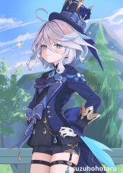 1girl ascot black_shorts blue_eyes blue_hair blue_hat blue_jacket blue_sky blush breasts brooch furina_(genshin_impact) genshin_impact gloves hat highres jacket jewelry long_sleeves looking_at_viewer multicolored_hair open_clothes open_jacket sash shirt short_hair short_shorts shorts sky small_breasts streaked_hair suzuho_hotaru thigh_strap thighs top_hat tree white_hair white_shirt