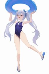 1girl absurdres armpits arms_up blue_eyes breasts brown_dust_(series) brown_dust_2 commentary covered_navel elf hair_between_eyes hairband heterochromia highres holding holding_swim_ring innertube legs long_hair looking_at_viewer one-piece_swimsuit open_mouth pointy_ears qazplm951 red_eyes refithea_(brown_dust) sandals simple_background small_breasts smile solo swim_ring swimsuit toes twintails white_background
