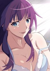 1girl absurdres bare_shoulders blue_eyes blue_pajamas breasts cleavage collarbone commentary_request highres kakukakusan large_breasts long_hair lower_teeth_only monogatari_(series) open_mouth pajamas purple_hair senjougahara_hitagi solo strap_slip teeth