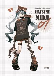 1girl asymmetrical_legwear baggy_clothes beanie black_boots black_choker black_shirt blue_eyes blue_hair boots broken_heart character_name choker full_body grid_background hair_between_eyes hashtag-only_commentary hat hatsune_miku heart highres holding holding_stuffed_toy jewelry looking_at_viewer mismatched_legwear off-shoulder_shirt off_shoulder pantyhose poro_(apom6n) shirt single_leg_pantyhose solo standing stuffed_toy thighlet torn_clothes torn_pantyhose twintails vocaloid