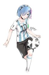10s 1girl 2018_fifa_world_cup adidas argentina argentinian_flag argentinian_flag_print ball black_shorts blue_eyes blue_hair blush bracelet female_focus flag_print flower hair_ornament hair_over_one_eye hairband jewelry looking_at_viewer numbers&#039;_uniform open_mouth re:zero_kara_hajimeru_isekai_seikatsu relaxjon rem_(re:zero) shirt short_hair shorts soccer soccer_ball soccer_uniform solo sportswear striped_clothes striped_shirt telstar_18 vertical-striped_clothes vertical-striped_shirt white_background white_legwear world_cup