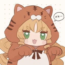 1girl :3 :d animal_costume animal_ears animal_print arknights black_bow blonde_hair blush_stickers bow brown_background chibi commentary_request fake_animal_ears fang green_eyes highres long_hair open_mouth ringlets short_eyebrows simple_background smile solo someyaya swire_(arknights) thick_eyebrows tiger_costume tiger_ears tiger_print translation_request upper_body very_long_hair