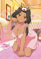 1girl :3 barefoot black_hair blush bottle bow breasts brown_eyes chair chemise collarbone couch dark-skinned_female dark_skin earrings fangs fukutama_teitoku hair_ornament indoors jewelry large_breasts light_particles liquid looking_at_viewer mask mask_on_head matsuri_(senran_kagura) native_american official_art on_floor open_mouth painting_(object) paw_pose pink_bow potion rug senran_kagura senran_kagura_new_wave slit_pupils smile solo sparkle strap_slip table tiger_mask_(object) twintails vial wall_lamp whiskers yaegashi_nan yellow_eyes