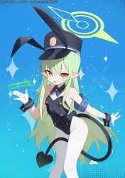 1girl absurdres animal_ears armband black_hat black_leotard blue_archive blue_armband blue_background blue_bow blue_bowtie bow bowtie breasts demon_girl demon_tail detached_collar fake_animal_ears feet_out_of_frame gloves green_hair green_halo halo hat highleg highleg_leotard highres hikari_(blue_archive) knees_together_feet_apart leotard long_hair looking_at_viewer momobug22 open_mouth pantyhose peaked_cap playboy_bunny pointy_ears rabbit_ears simple_background small_breasts solo tail very_long_hair watermark web_address white_gloves white_pantyhose wrist_cuffs yellow_eyes