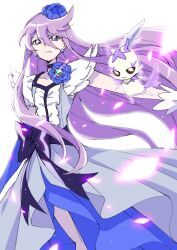 1girl choker closed_mouth collarbone cologne_(heartcatch_precure!) cure_moonlight dress earrings floating_hair flower frown gloves hair_flower hair_ornament heartcatch_precure! highres jewelry long_hair looking_at_viewer precure purple_choker purple_dress purple_eyes purple_flower purple_hair shirako_love simple_background solo very_long_hair white_background white_gloves
